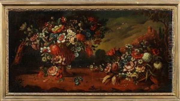 Still Life, An Urn Of Summer Flowers Alongside A Basket Of Summer Flowers, Set In A Landscape With A Castle Ruin Beyond Oil Painting by Jan Davidsz De Heem