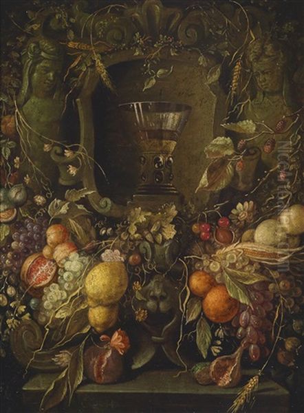 Fruchte- Und Blumengirlanden Um Eine Kartusche Mit Einem Berkemeyer-glas Oil Painting by Jan Davidsz De Heem