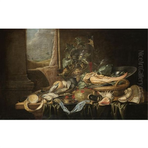 A Still Life With A Knife, A Partly-peeled Lemon, A Compass, An Oyster, A Sword, Shells, Wine Leaves Around A Roemer Of Wine And The Jawbone Of An Ass On A Pewter Plate Oil Painting by Jan Davidsz De Heem