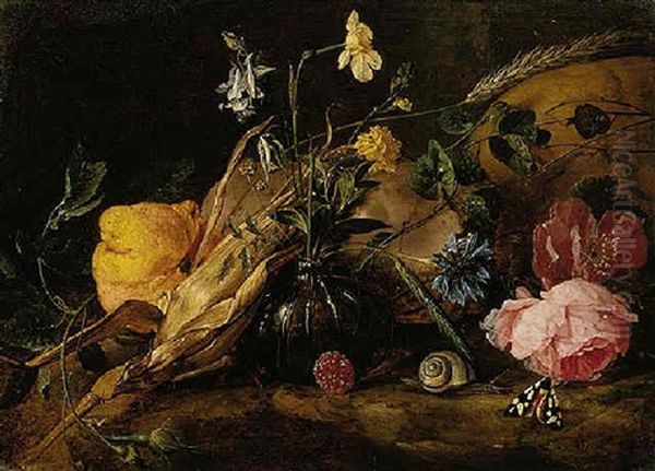 A Still Life With Flowers In A Glass Vase, A Lemon, An Ear Of Corn And A Skull, Snail And Butterflies Oil Painting by Jan Davidsz De Heem