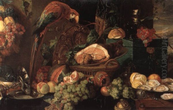 Fruit Still Life With Macaw On A Draped Ledge Oil Painting by Jan Davidsz De Heem