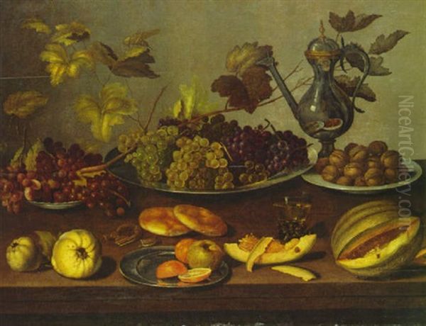 Still Life With Grapes And Walnuts On Plates, An Orange And An Apple On A Plate... Oil Painting by Jan Davidsz De Heem