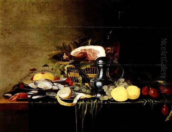 Still Life Of A Pewter Jan Steen Jug, A Crayfish And        Three Shrimp, A Ham On A Wovenbasket And Lemons And Plums Oil Painting by Jan Davidsz De Heem