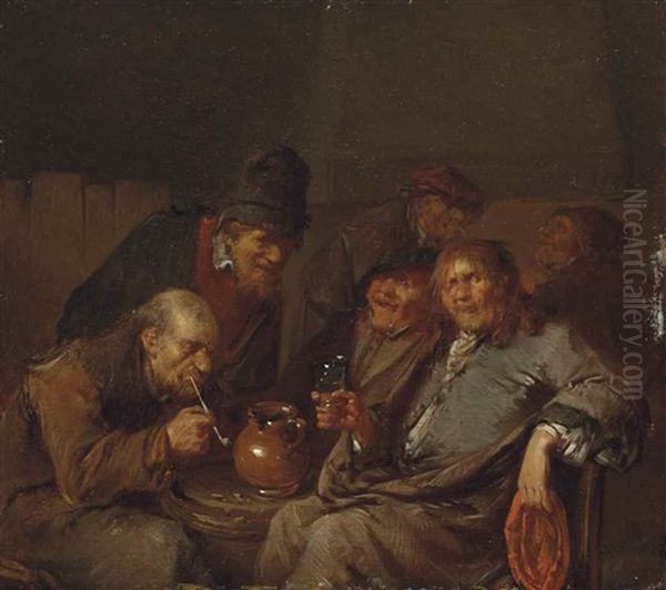 Peasants Drinking And Smoking In An Interior Oil Painting by Egbert Van Heemskerck