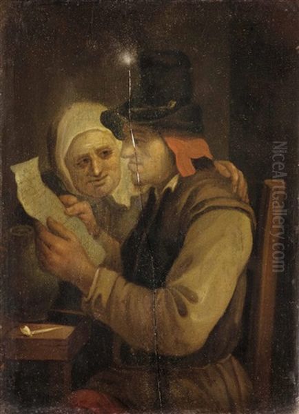Lesender Bauer Mit Seiner Frau In Stube Oil Painting by Egbert Van Heemskerck