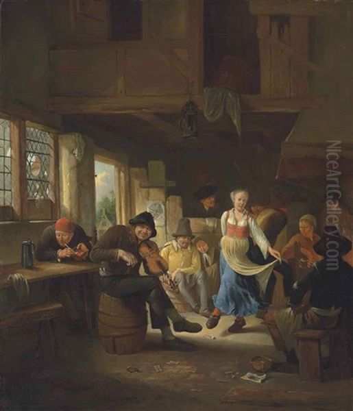 A Tavern Interior With A Woman Dancing, Musicians And Other Figures Merrymaking Oil Painting by Egbert Van Heemskerck