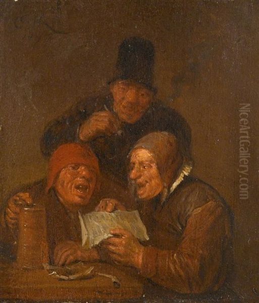 Three Men In An Interior Oil Painting by Egbert Van Heemskerck