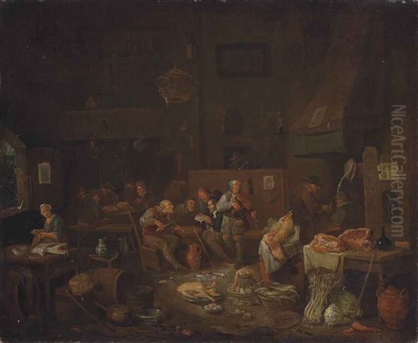 Peasants Smoking And Making Merry In A Kitchen Interior Oil Painting by Egbert Van Heemskerck