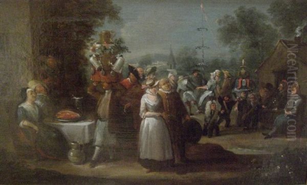 Flemish Peasants Festive Celebrations Oil Painting by Egbert Van Heemskerck