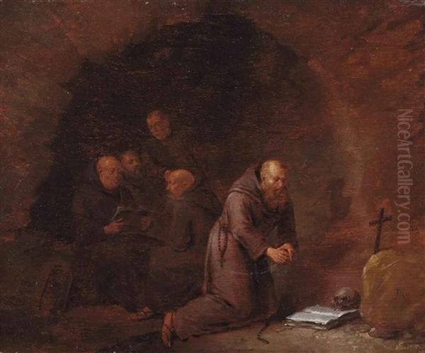 A Group Of Hermit Monks In A Grotto Oil Painting by Egbert Van Heemskerck