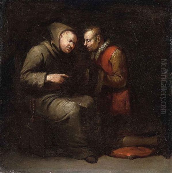 A Monk Listening To The Confession Of A Kneeling Man Oil Painting by Egbert Van Heemskerck
