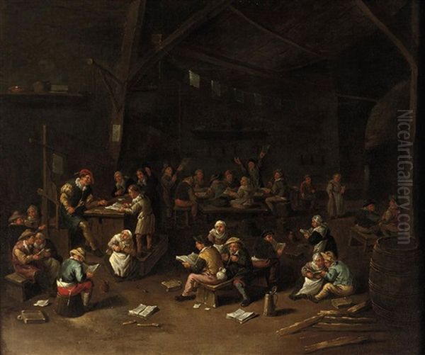 A School Interior With Children Learning To Read And Write Oil Painting by Egbert Van Heemskerck