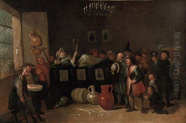 Smoking And Drinking Boors Paying Tribute To A Peasant Woman On Her Death Bed Holding A Large Glass: An Allegory Of The Effects Of Alcohol And Tobacco Oil Painting by Egbert Van Heemskerck