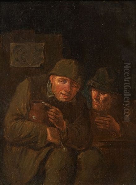Zwei Zechbruder Mit Krug, Glas Und Pfeife Oil Painting by Egbert Van Heemskerck