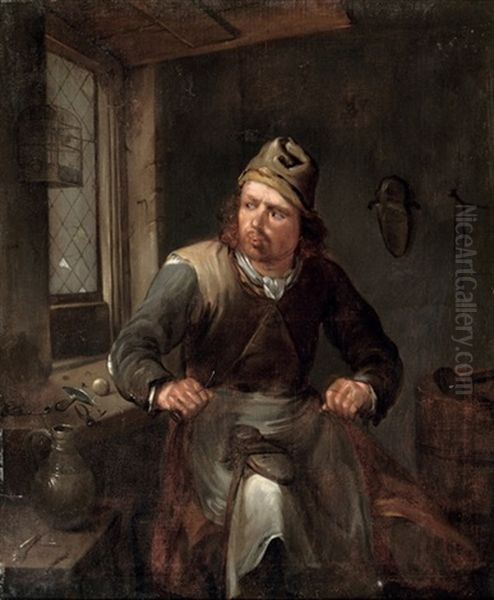 A Cobbler In His Workshop Oil Painting by Egbert Van Heemskerck