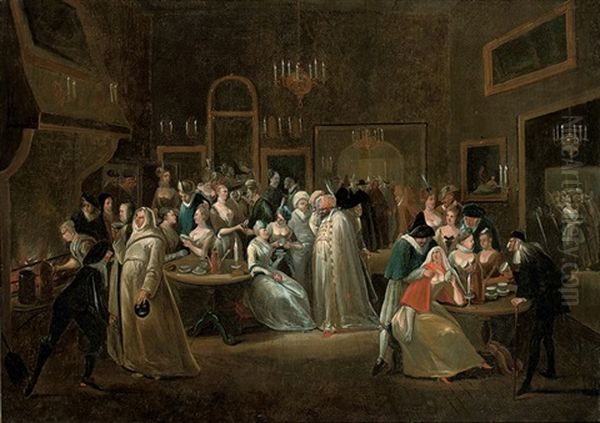 Elegant Company Taking Chocolate At A Masquerade Ball Oil Painting by Egbert Van Heemskerck