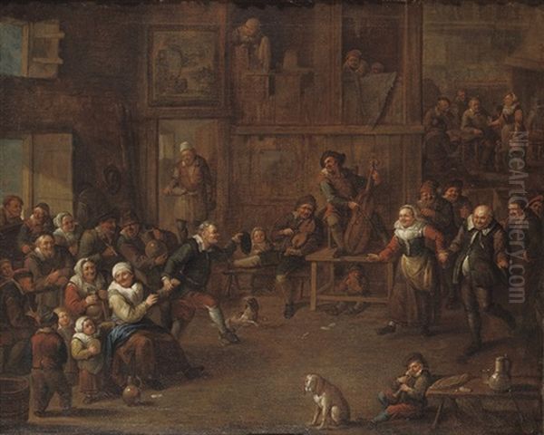 A Peasant Feast In A Barn Interior Oil Painting by Egbert Van Heemskerck