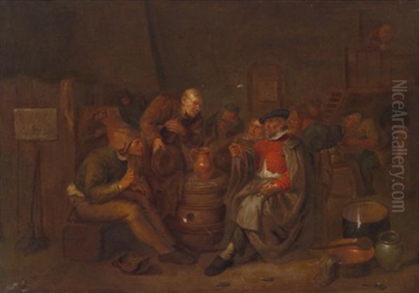Wirtshausszene Mit Trinkenden Und Rauchenden Bauern (+ Another, Similar; Pair) Oil Painting by Egbert Van Heemskerck