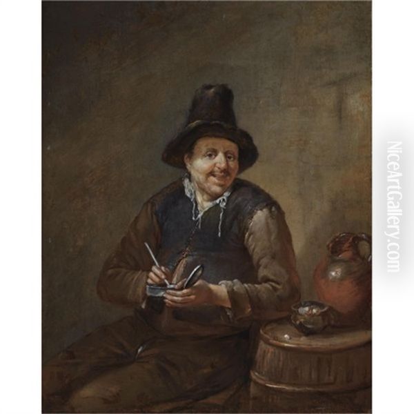A Peasant Filling His Pipe, Sitting Next To A Barrel Oil Painting by Egbert Van Heemskerck