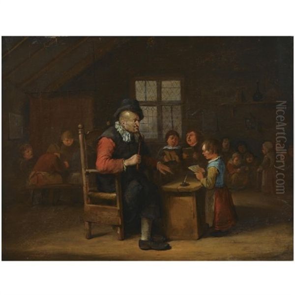 A Schoolroom Interior With A Teacher Seated Behind A Desk, A Young Girl Reading, Other Pupils In The Background Oil Painting by Egbert Van Heemskerck