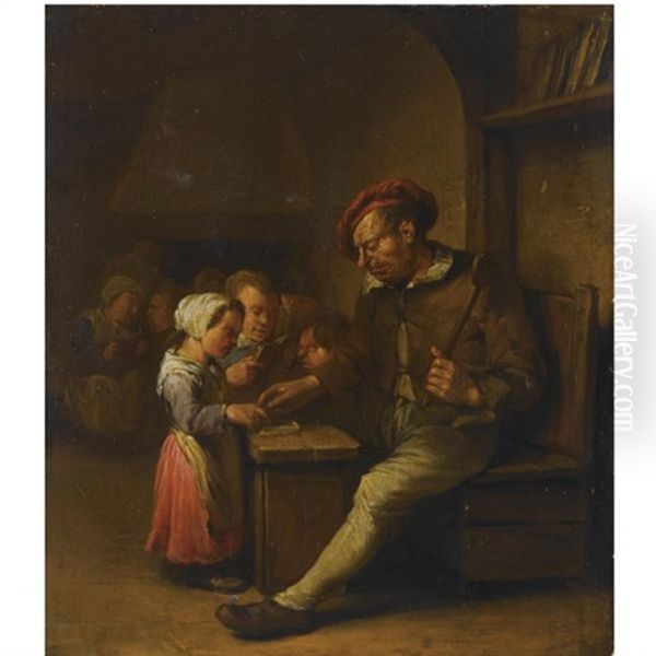 A Schoolroom Interior With A Teacher And His Pupils Oil Painting by Egbert Van Heemskerck