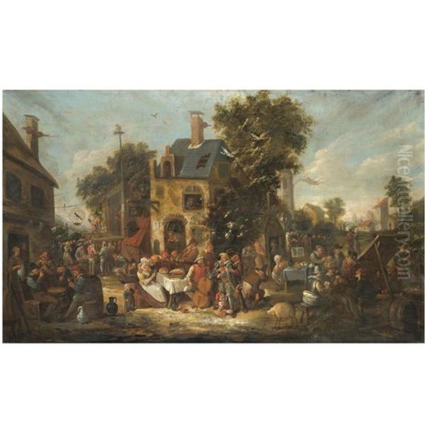 An Outdoor Scene With Villagers Joyously Revelling Outside The Wild Swan Tavern Oil Painting by Egbert Van Heemskerck