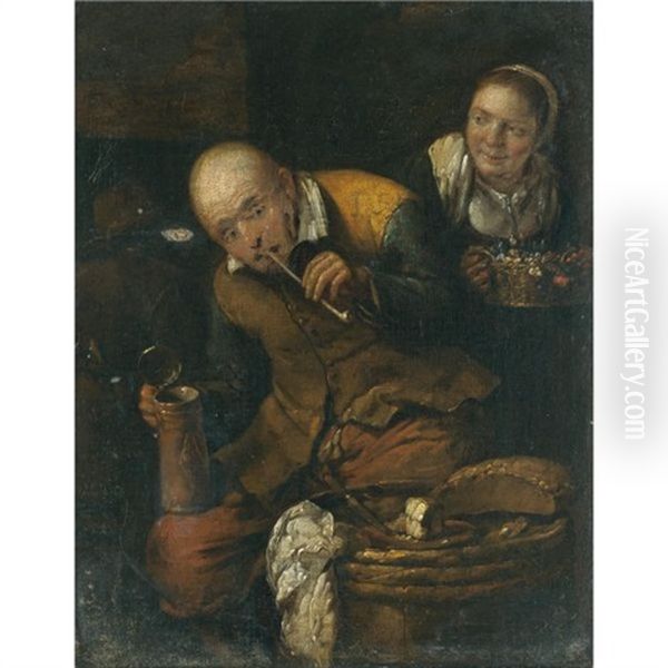 An Interior With A Peasant Couple Drinking, Smoking And Eating Oil Painting by Egbert Van Heemskerck