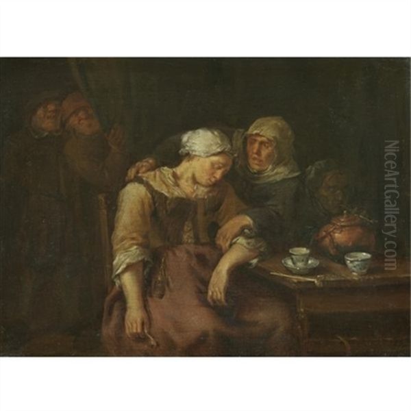 An Interior With Peasants Oil Painting by Egbert Van Heemskerck