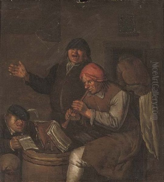 Peasants Making Music Outside A Tavern Oil Painting by Egbert Van Heemskerck