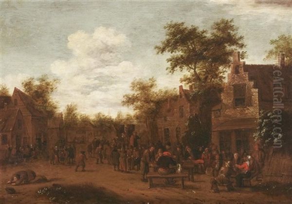 Das Dorffest. Vergnugte Bauersleut Vor Ihren Hausern. Im Hintergrund Ein Quacksalber, Seine Ware Feilbietend Oil Painting by Egbert Van Heemskerck