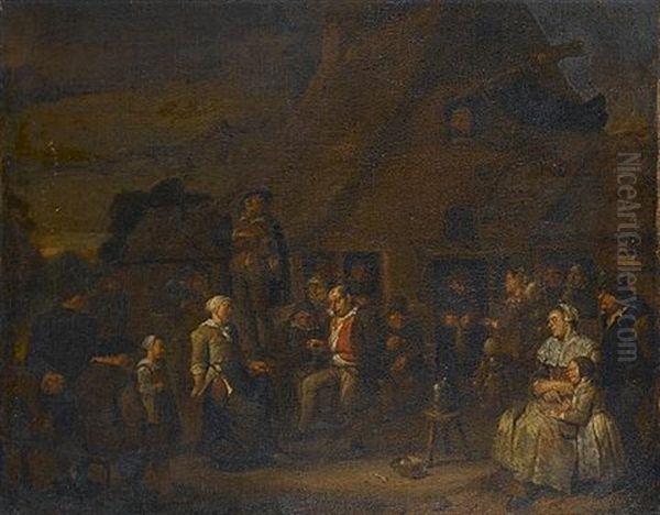 Peasants Making Music And Dancing Outside A Village Tavern Oil Painting by Egbert Van Heemskerck