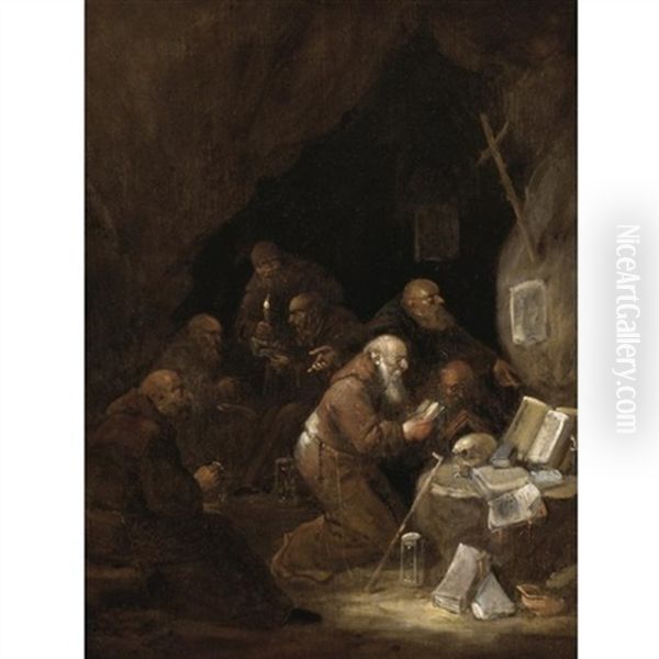 A Group Of Hermit Monks In A Grotto Oil Painting by Egbert Van Heemskerck