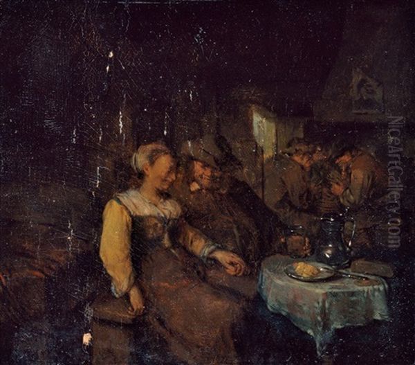 Bauerliches Interieur Mit Einem Jungen Paar Und Drei Kartenspielern Am Kamin Oil Painting by Egbert Van Heemskerck