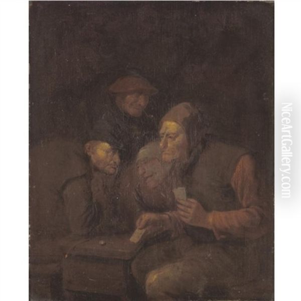 A Tavern Interior With Peasants Playing Cards Oil Painting by Egbert Van Heemskerck