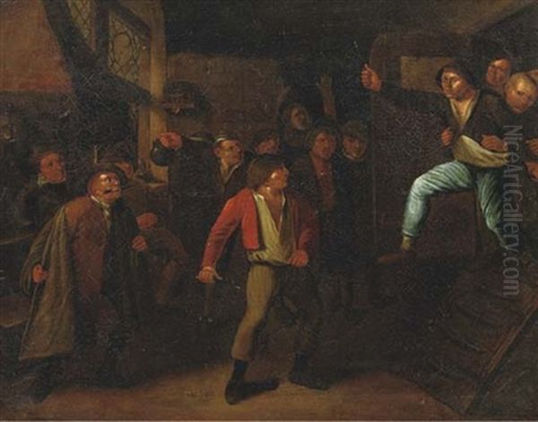 A Peasant Brawl In A Tavern Oil Painting by Egbert Van Heemskerck