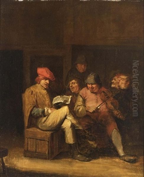 An Interior With Peasants Singing And Making Music Oil Painting by Egbert Van Heemskerck