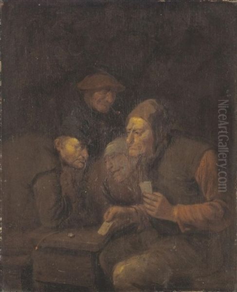 A Tavern Interior With Peasants Playing Cards Oil Painting by Egbert Van Heemskerck