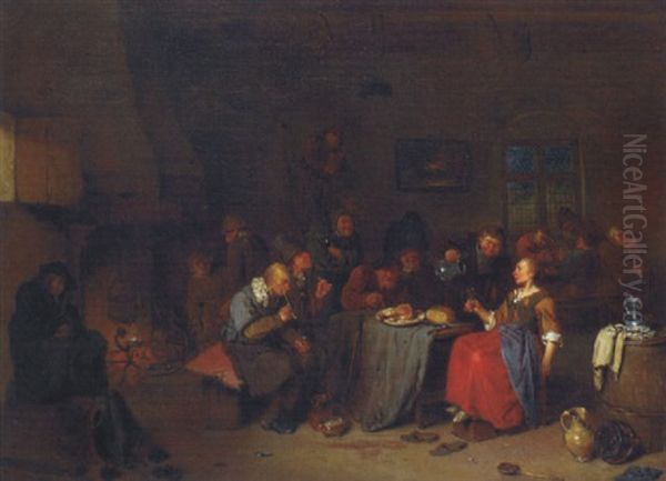 Peasants Smoking, Drinking And Playing Cards In A Tavern Oil Painting by Egbert Van Heemskerck