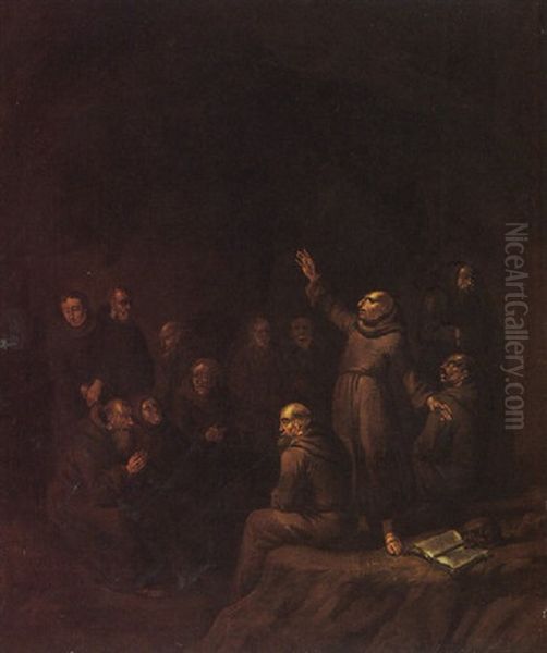 Monks Preaching And Praying In A Cave Oil Painting by Egbert Van Heemskerck