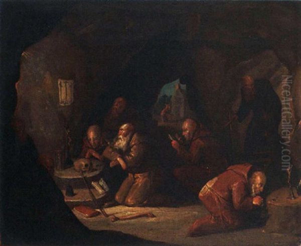 Hermits Praying In A Cave Oil Painting by Egbert Van Heemskerck