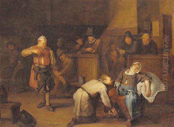 A Tavern Interior Oil Painting by Egbert Van Heemskerck