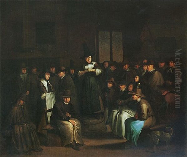 A Quakers' Meeting Oil Painting by Egbert Van Heemskerck