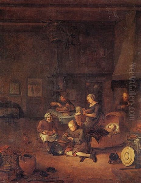 An Interior With A Peasant Family Dining Oil Painting by Egbert Van Heemskerck