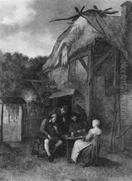 Drei Bauern Und Eine Frau Vor Dem Haus Sitzend Oil Painting by Egbert Van Heemskerck