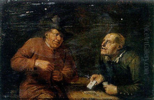 Boors Playing Cards At A Table Oil Painting by Egbert Van Heemskerck