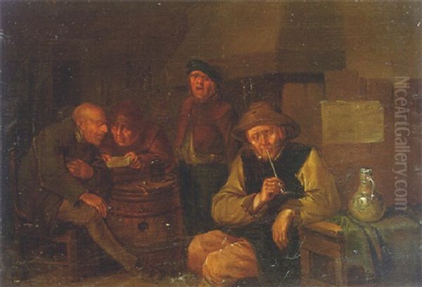 Boors Smoking And Reading In An Interior Oil Painting by Egbert Van Heemskerck