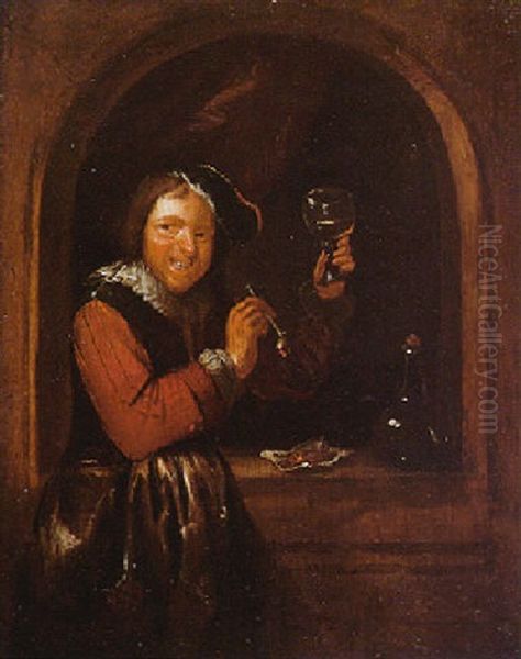 A Peasant Smoking And Drinking Oil Painting by Egbert Van Heemskerck