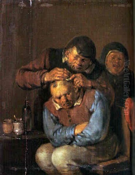 The Sense Of Touch: A Surgeon Tending A Boor's Head Oil Painting by Egbert Van Heemskerck