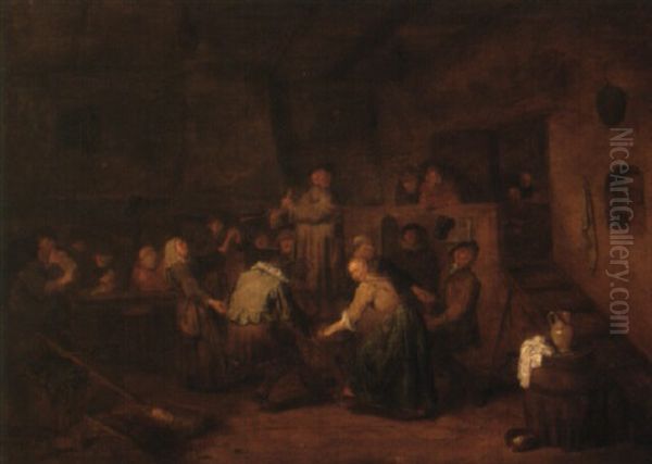 A Tavern Interior With Peasants Dancing Oil Painting by Egbert Van Heemskerck