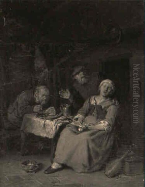 Villagers Smoking And Drinking Before A Hearth In An Interior Oil Painting by Egbert Van Heemskerck